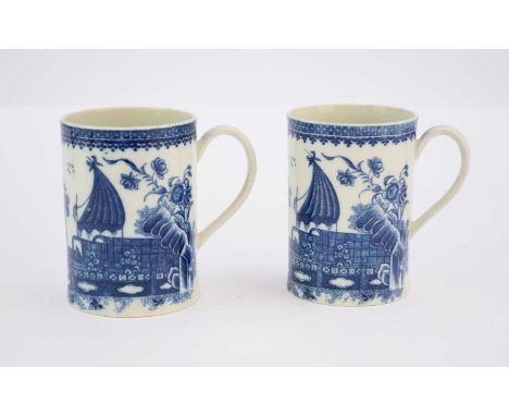 Two Caughley 'Fisherman' or 'Pleasure Boat' mugscirca 1775-80of gently waisted cylindrical form, one with a reeded strap hand
