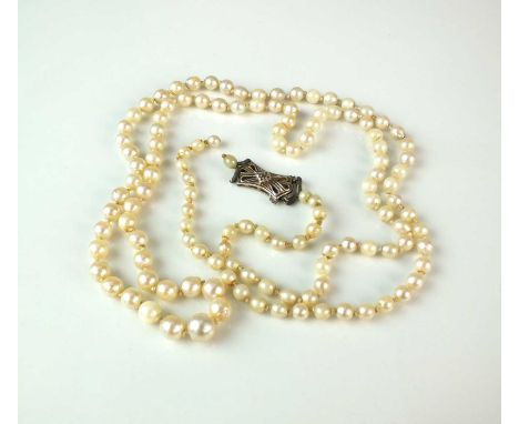 A graduated untested pearl necklace, comprising; one hundred and twenty-seven graduated untested pearls strung to 9ct white g