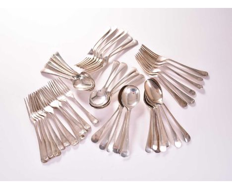 A harlequin collection of silver flatware, comprising; twelve soup spoons, twelve dessert spoons, twelve table forks and twel