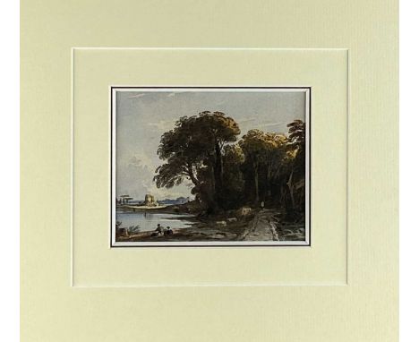 John Varley OWS (British 1778 – 1842) Figures Resting at a Lakeside, track leading into a woodland beyond, watercolour, 11 x 
