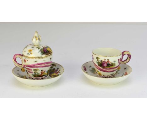 A pair of KPM Berlin trembleuse cups and saucers, one lacking cover19th centurypainted with Antoine Watteau-esque scenes of m