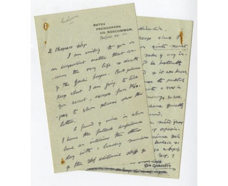 A Plot Against the Gaelic League?Manuscript: Hyde (Dr. Douglas) 'An Craoibhín Aoibhinn'. An important manuscript letter, 8 pp