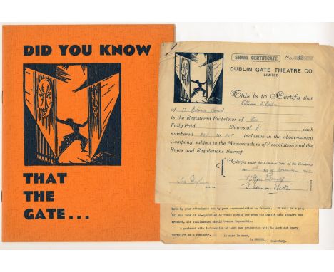 Dublin Gate Theatre.  A quarto brochure, 'Did you Know that the Gate ...', with photos, circa 1940.  Laid in is a Share Certi