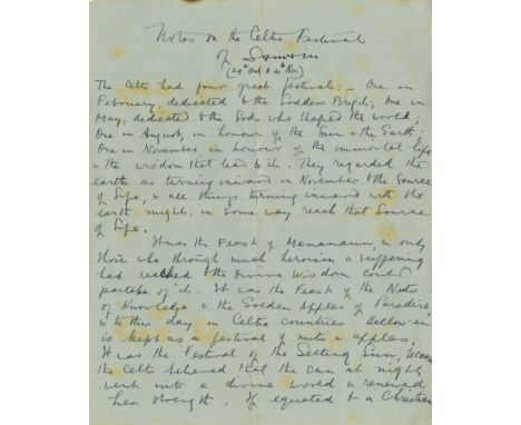Young (Ella) writer and  mystic.   Notes on the Celtic Festival of Samhain (29th Oct. to 4th Nov.).   Two pages manuscript [s
