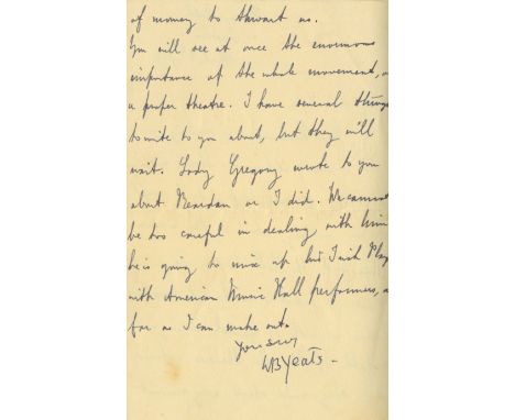 Yeats (W.B.) A manuscript letter to 'My dear Hyde', from Nassau Hotel, 8 April '04, 2 pp, concerning theatre patents, Miss Ho