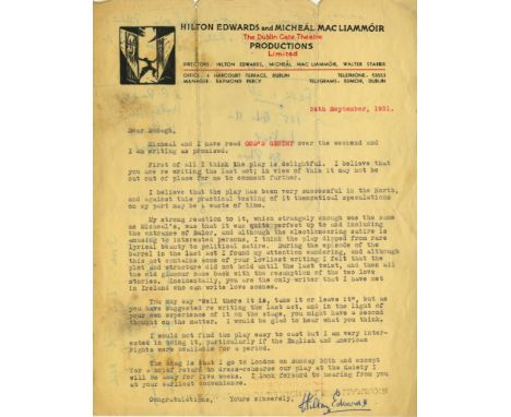 Edwards (Hilton) Director.  A good TLs. on Gate Theatre notepaper dated 24 September 1951, 1 pp, to Donagh [MacDonagh], conce