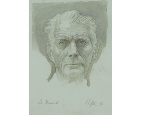 Wilhelm Fockersperger[Beckett] A fine pen and watercolour Portrait of Samuel Beckett, Signed and dated 1999, approx. 7" x 5",