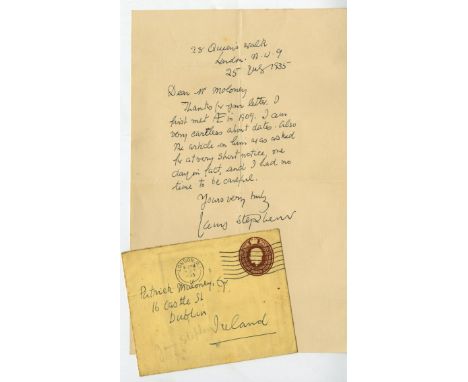 Stephens (James)  A short ALs. to Patrick Maloney, from his London address, 25 July 1935, 1 pp, with related envelope, respon
