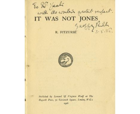 Inscribed to W.B. Yeats'Fitzurse (R.)' (pseudo. of Geoffrey Phibbs), It Was Not Jones (poems).  Published by Leonard & Virgin