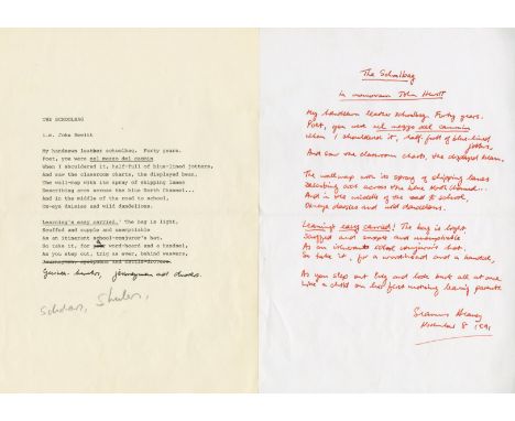 Original Manuscript PoemHeaney (Seamus)  The Schoolbag. In Memoriam John Hewitt.  A manuscript fair copy in brown ink, Signed