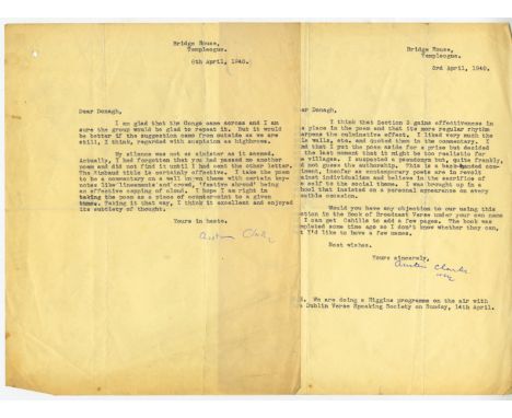 Clarke ( Austin) Poet.    Two TLs. to the writer Donagh MacDonagh, from Bridge House in Templeogue, the first  [3 April 1940]