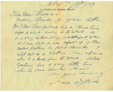 Yeats (Jack B) A short ALs. on his headed Paper, Fitzwilliam Square, dated July 7 1949, 1 pp, to a Miss Thomas.  'Yes, I saw 