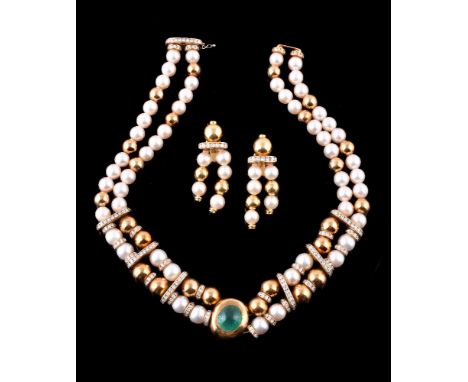 An emerald, diamond, and cultured pearl necklace by Jahan, the two row necklace with a central oval cabochon emerald within a