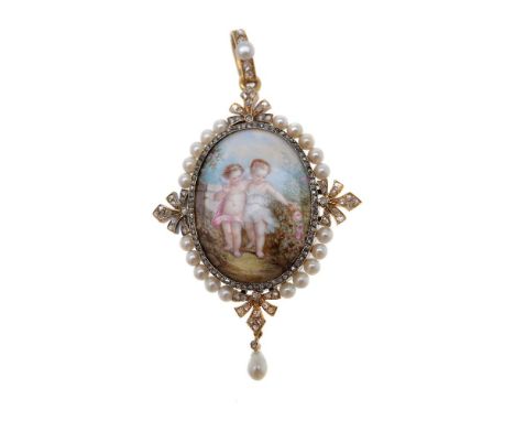 ϒAn 1870s French diamond and pearl enamelled brooch pendant retailed by Tixier Deschamps, the oval panel painted with cupid a