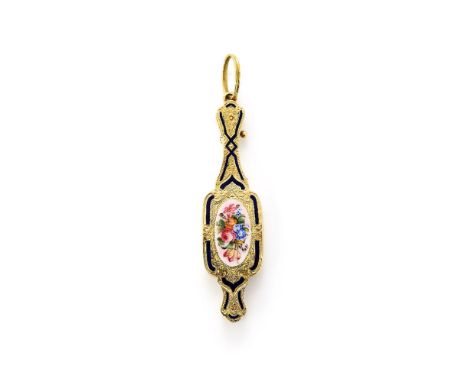 A mid 19th century French gold and enamel lorgnettes, eagle's head poinçon, painted with oval panels of flowers back and fron