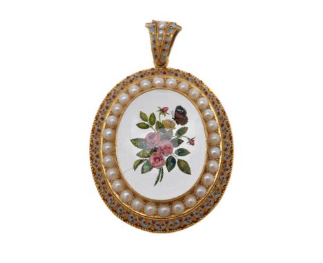 A Victorian enamelled gold reverse painted intaglio pendant, circa 1880, the central oval cabochon rock crystal panel carved 