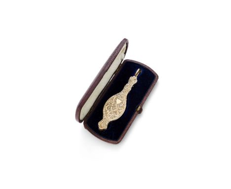 A mid Victorian gold lorgnettes, unmarked, engraved with loops, scroll foliage and flowers, a spring catch, 9.3cm (3 5/8in) l