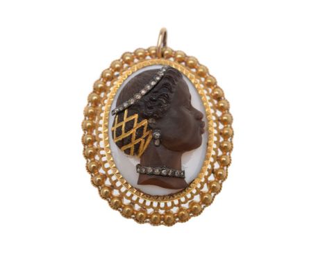 A diamond and hardstone cameo pendant, carved with a Nubian lady in profile, with rose cut diamond accented diadem and neckla