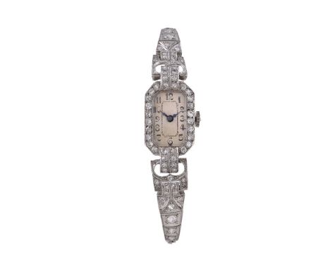Unsigned, Lady's platinum coloured and diamond cocktail watch, circa 1930   Movement: Manual wind   Case: Platinum coloured c