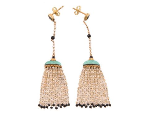 A pair of 1930s and later amazonite, seed pearl and onyx ear pendants, the domed amazonite panel with gold caps, suspending a