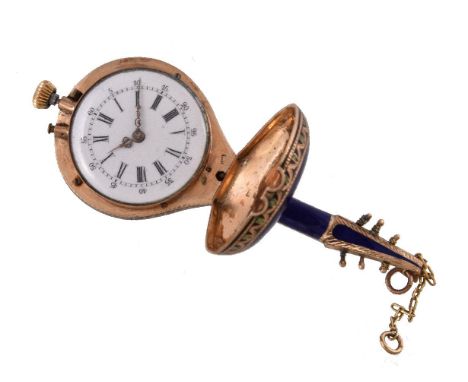 Unsigned,   A gold, enamel and split pearl lute with concealed watch, circa 1810   Case: Gold and enamel lute form hinged cas