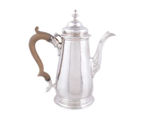 A George II silver straight-tapered coffee pot by Aymé Videau, London 1744, with an acorn finial to the ogee domed cover, a f