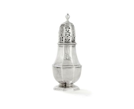 A George I silver octagonal baluster sugar caster by Charles Adam, London 1717, Britannia standard, with an octagonal ball fi