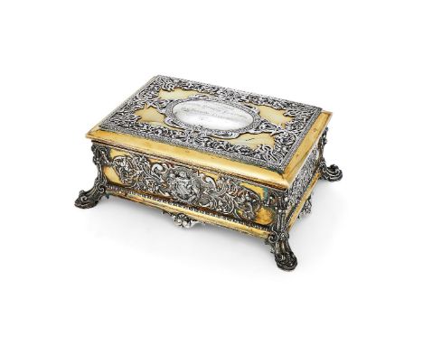 A Victorian silver parcel gilt rectangular stationery casket by John Samuel Hunt, London 1858, and stamped Hunt &amp; Roskell