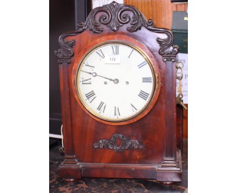 An early Victorian mahogany bracket clock with twin fusee movement, in carved arch top case, 19" high, and wall bracket for s
