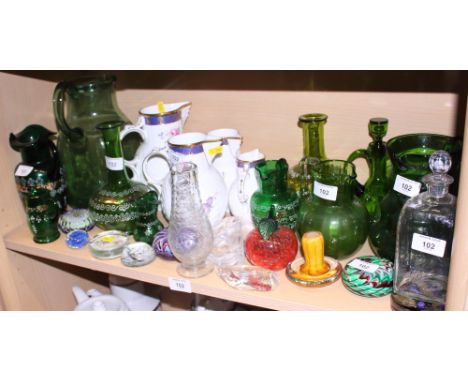 A collection of green glass, some with enamel decoration, four Coalport cabbage jugs, in assorted sizes, and assorted paperwe