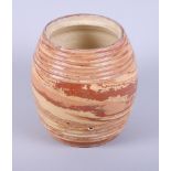 A 19th century agateware storage jar, painted in shades of brown and cream, 7 1/2" high