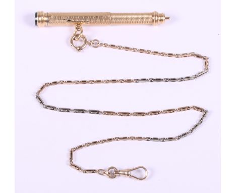 A yellow and white metal watch chain together with a yellow metal propelling pencil, with engine turned decoration and hardst