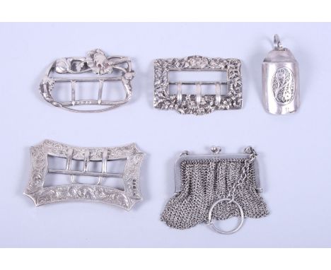 A late Victorian silver buckle cast with floral decoration, Birmingham 1900, two other silver buckles and a silver mounted ch