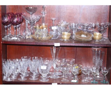 A cut glass part table service, four Venetian gilt and enamel cups and saucers, a pair of similar tumblers and other glass