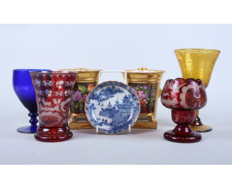 A pair of early 20th century Palais Royal porcelain vases, painted with floral sprays, on square bases, 6" high, a 19th centu
