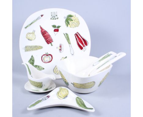 A collection of Midwinter salad ware, designed by Terence Conran, including a charger, a triangular salad bowl, a pair of ser