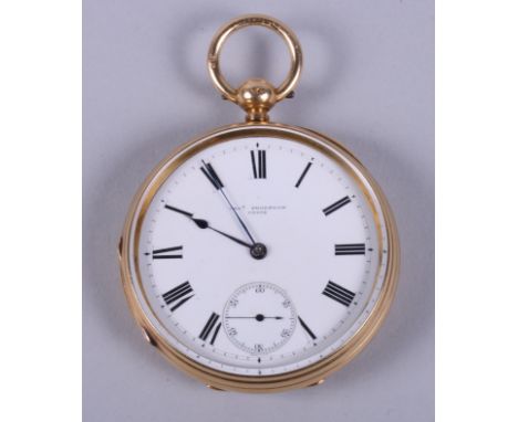 An 18ct gold cased open faced pocket watch with white enamel dial, Roman numerals and subsidiary seconds dial by Charles Frod