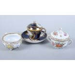 A late 19th century Meissen porcelain chocolate cup and cover, decorated with Leda and the Swan,