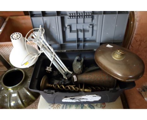 A white painted Anglepoise design lamp, a copper bed warmer, a number of ebony elephants and other decorative items
