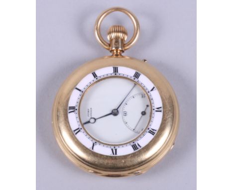 An 18ct gold and enamel cased half hunter pocket watch with white enamel dial, Roman numerals and subsidiary seconds dial sig