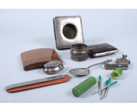 A George V silver trinket box, a Georgian silver caddy spoon and other items of silver including a pocket watch case