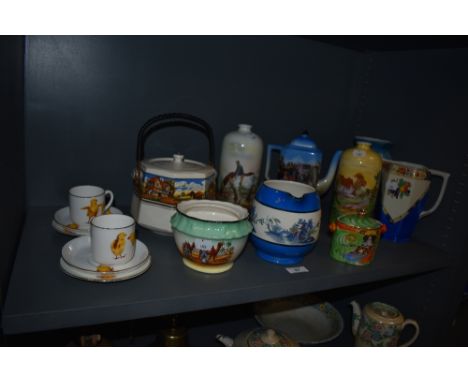 An assorted collection of decorative ceramics, including an L &amp; Sons blue and white jug with oriental design, vases, and 