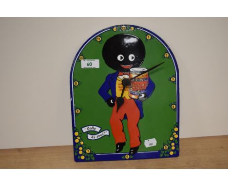 A hand painted porcelain enamel clock, having Robertson's golden shred marmalade figure to centre.
