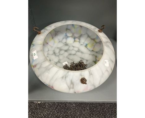 An Art Deco mottled glass lamp shade, with chains. 35cm diameter.