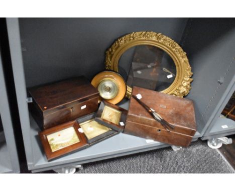 A French style gilt wood picture frame, a Georgian mahogany tea caddy, a later mahogany writing slope, a coloured miniature p