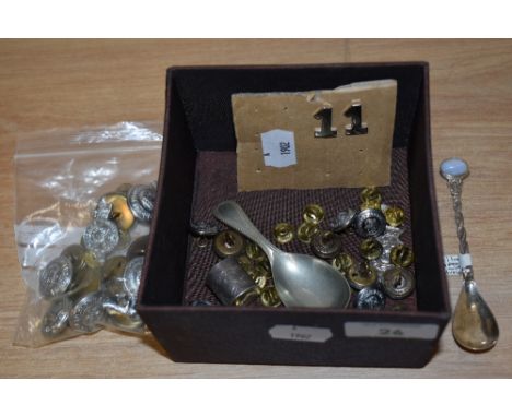 A selection of vintage Lancashire constabulary buttons, a caddy spoon and a 925 silver spoon with gem stone to handle.