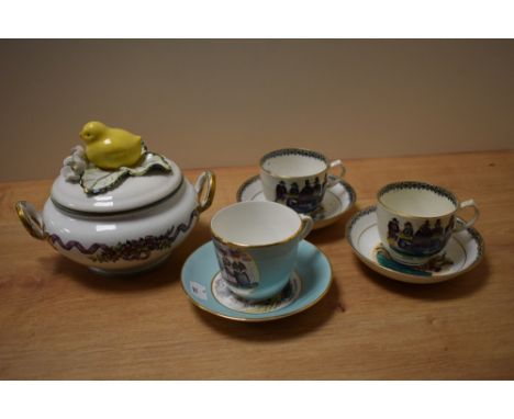 A Wedgwood twin handled lidded bowl, with transfer printed decoration, together with hand painted teacups and saucers