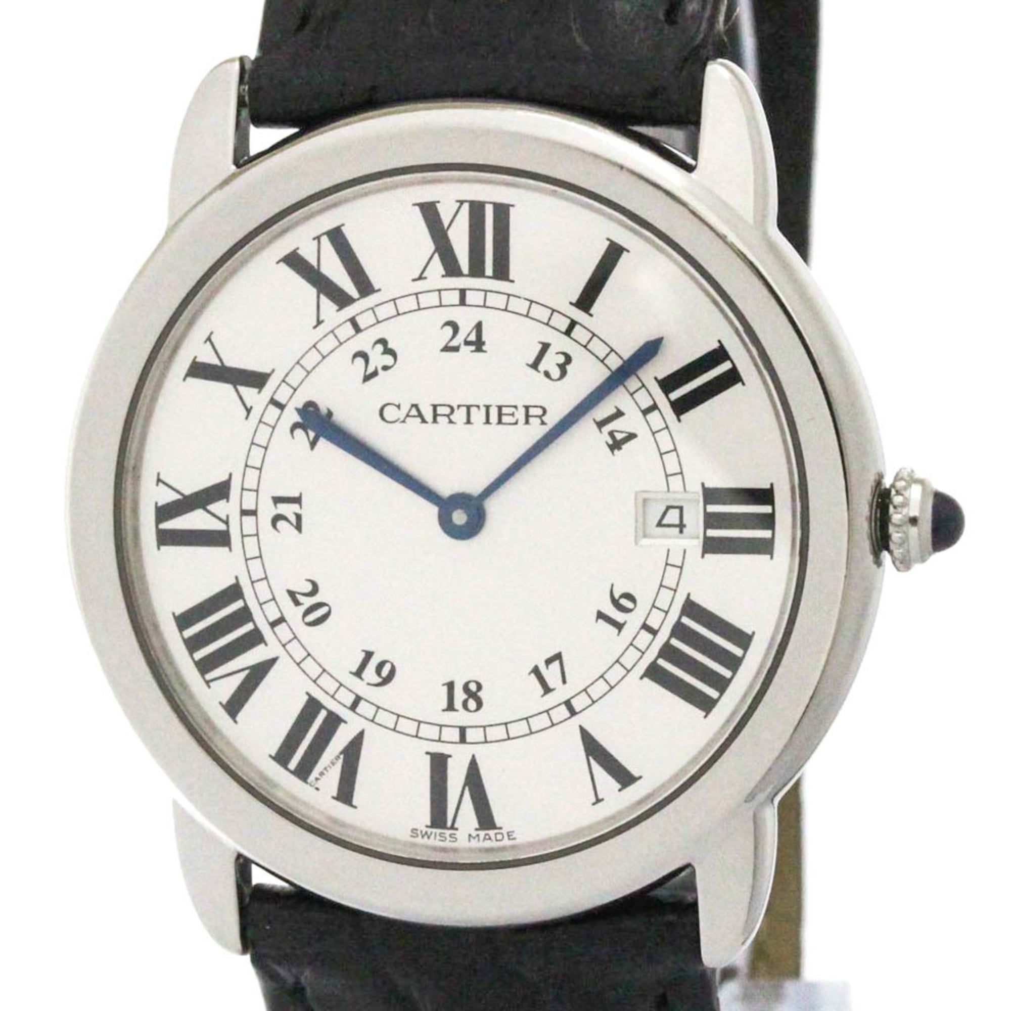 CARTIER Ronde Solo LM Steel Leather Quartz Mens Watch W6700255 Polished