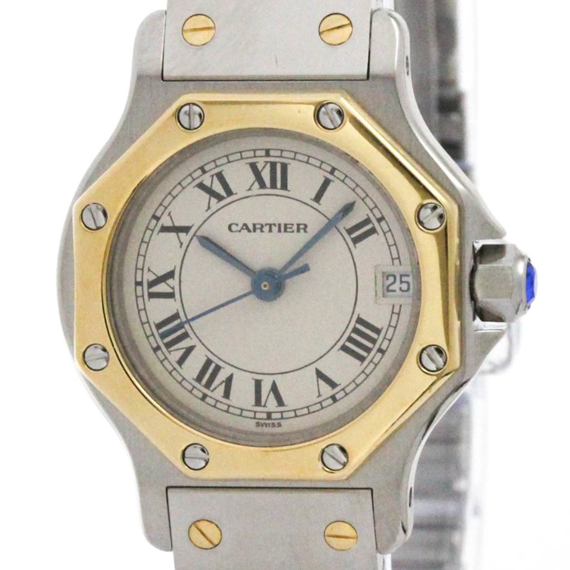 CARTIER Santos Octagon 18K Gold Steel Quartz Ladies Watch 187903 Polished