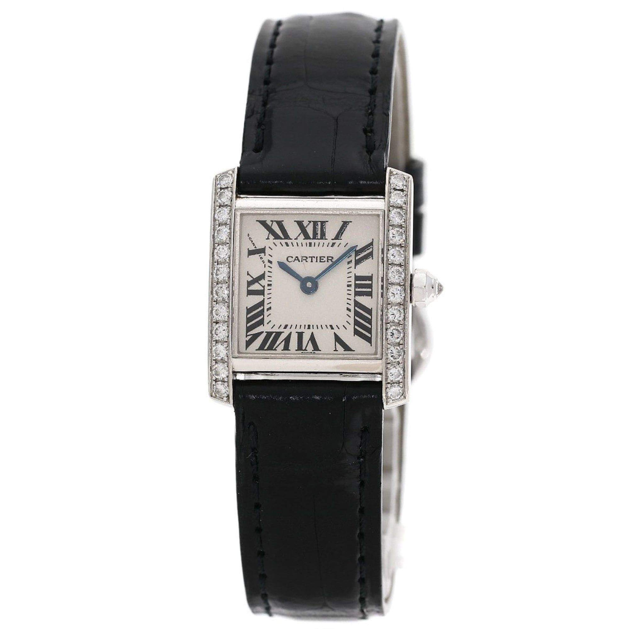 Cartier WE1002S3 Tank Française SM Watch with Genuine Diamond Bezel, 18K White Gold/Leather, Women's